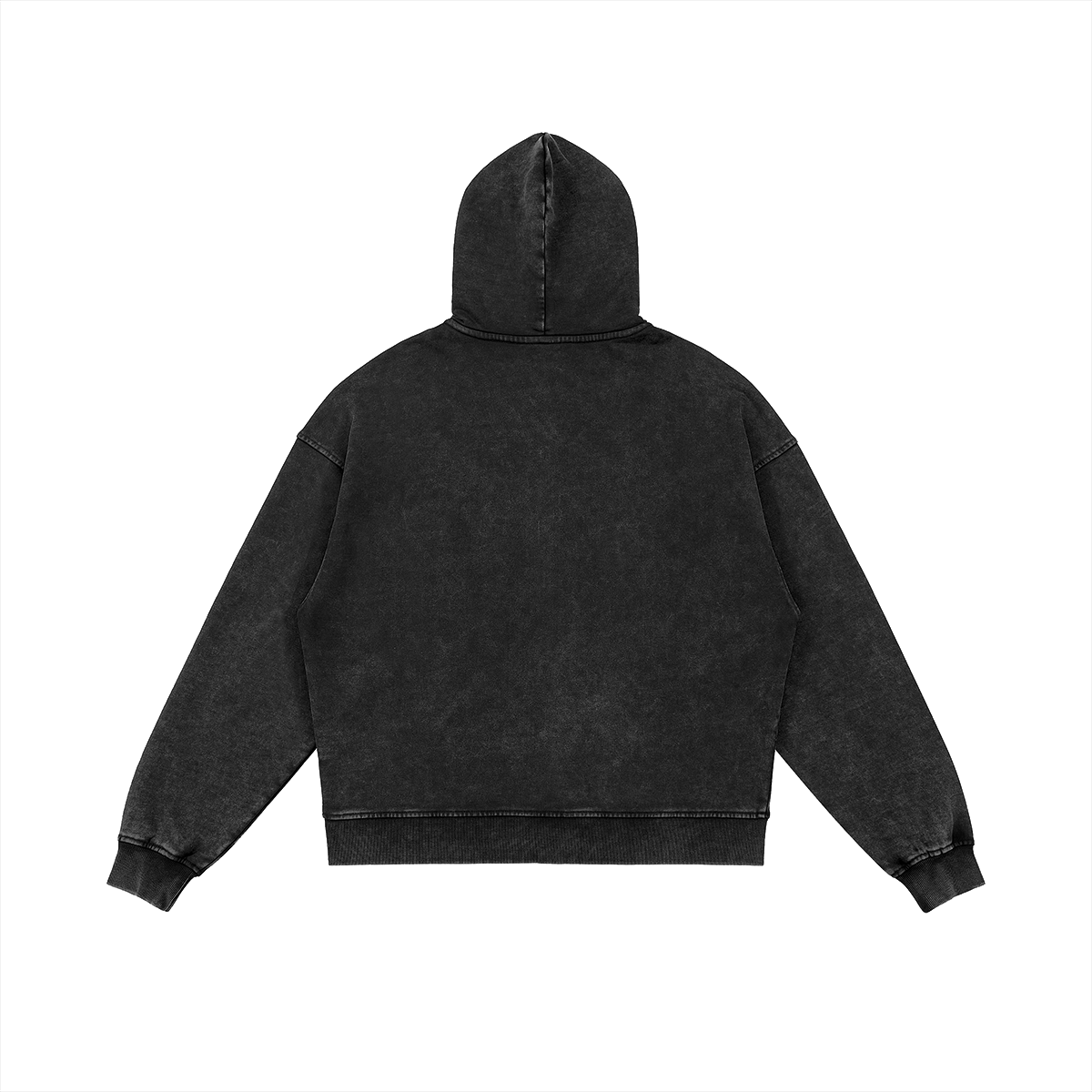 Back view of an oversized black washed-effect hoodie showing the drop-shoulder construction and premium faded cotton texture.