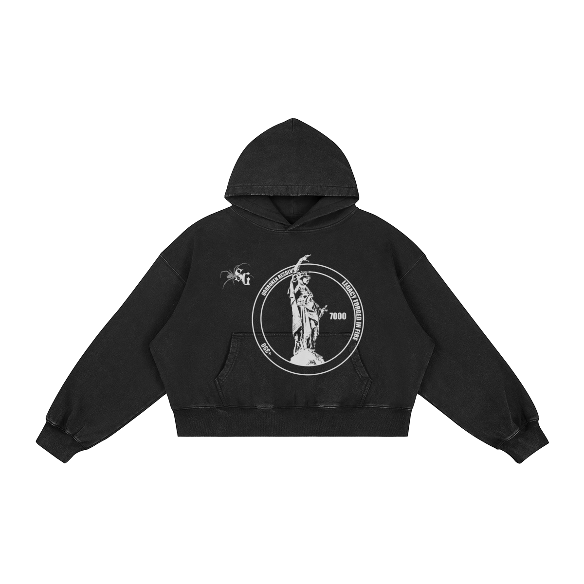 Front view of a black washed and distressed boxy hoodie featuring a circular "Unbroken Resolve" statue graphic and spider logo on the chest.