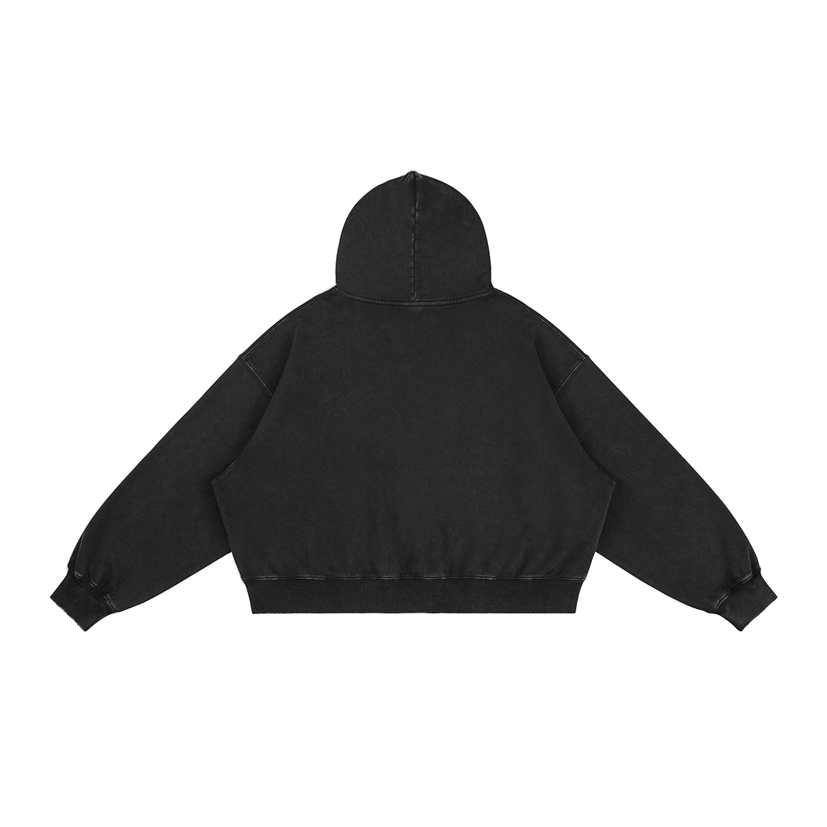Back view of a black oversized hoodie highlighting the drop-shoulder construction and premium faded cotton texture.