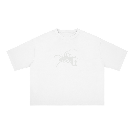 White t-shirt with a logo on a white background