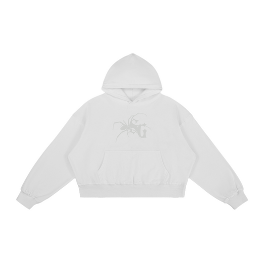 White hoodie with a logo on a white background