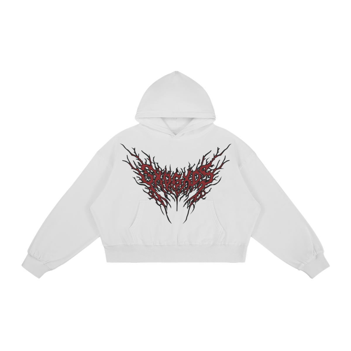 White hoodie with red and black design on a white background