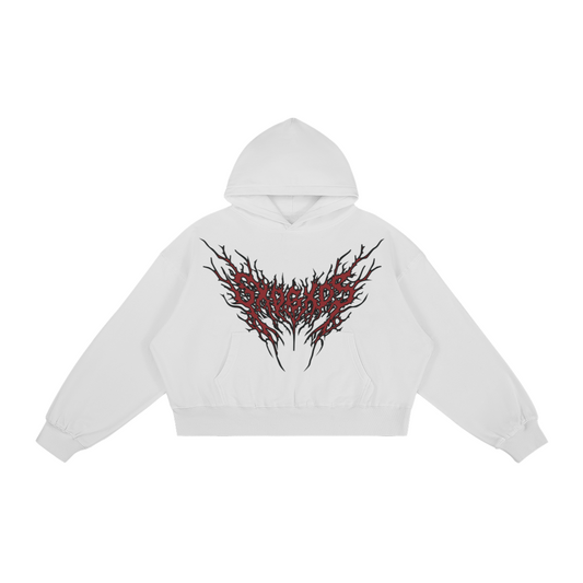 White hoodie with red and black design on a white background