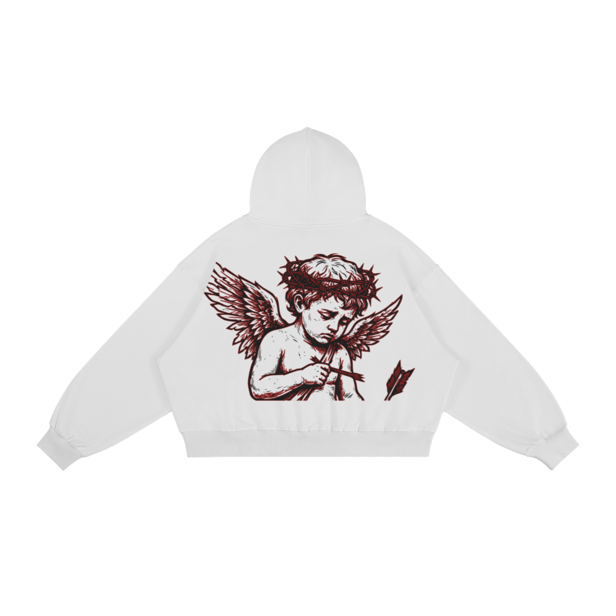 White hoodie with red angel graphic on a white background