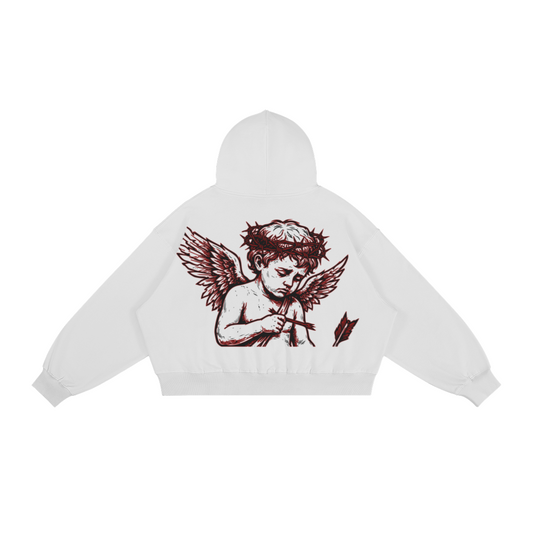 White hoodie with red angel graphic on a white background