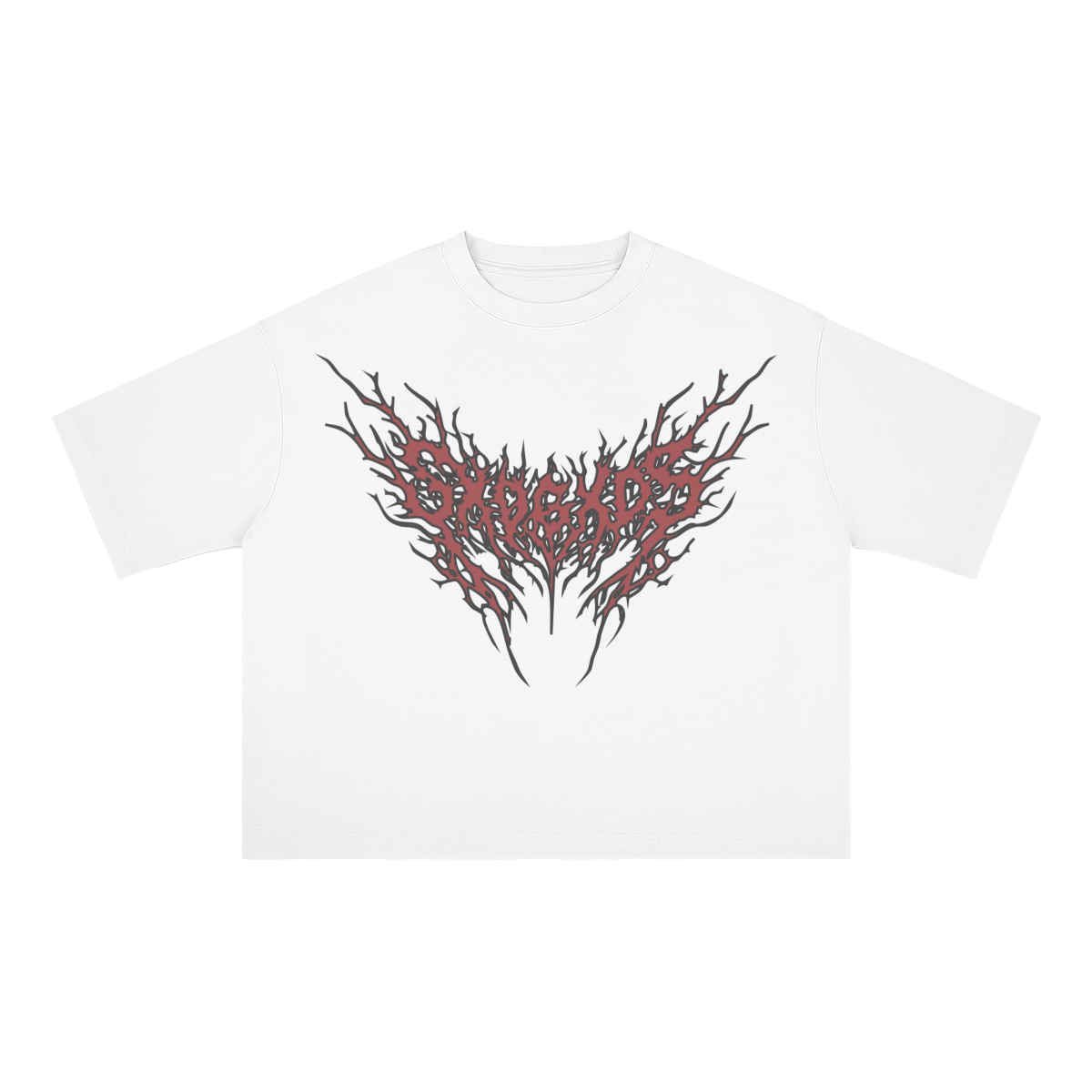 White t-shirt with red tribal design on a white background