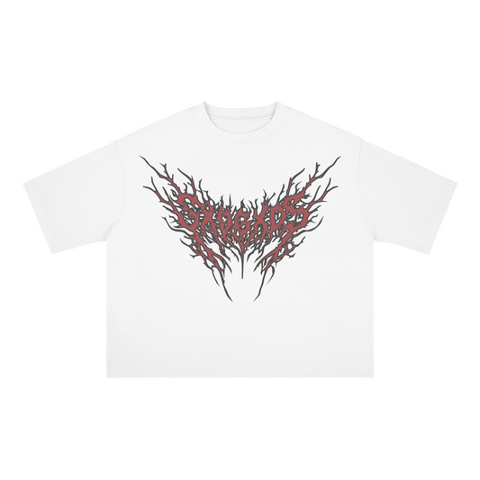 White t-shirt with red tribal design on a white background