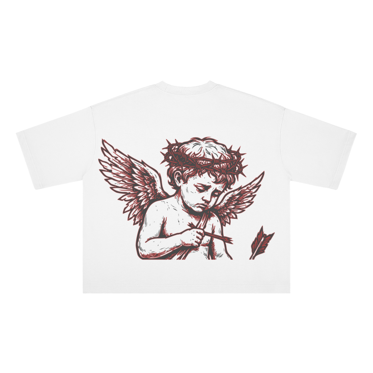 White t-shirt with red angel graphic on a white background